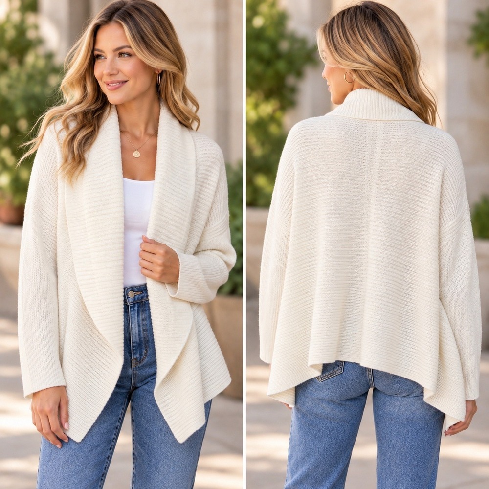 Anthropologie Ivory Ribbed Shawl Collar Open Front Cardigan Sweater Medium NEW